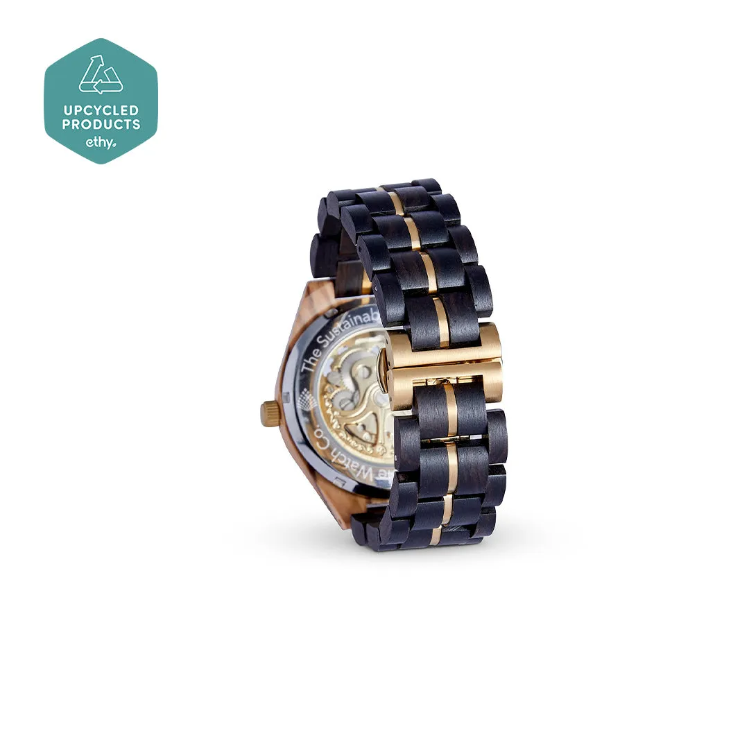The Rosewood: Luxurious Handmade Wood Watch for Men - Eco-Friendly Chacate Preto & Olive Wood with Gold Mechanical Movement