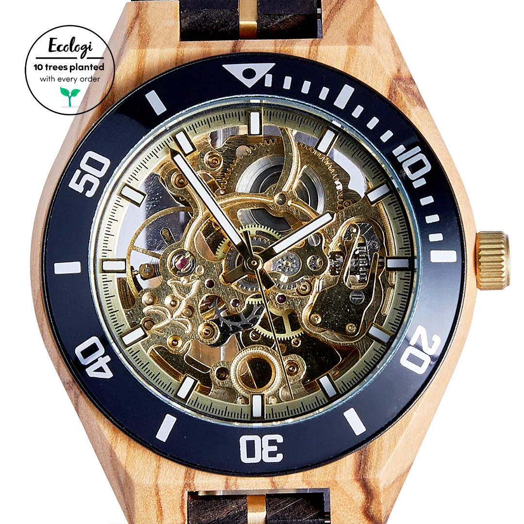 The Rosewood: Luxurious Handmade Wood Watch for Men - Eco-Friendly Chacate Preto & Olive Wood with Gold Mechanical Movement