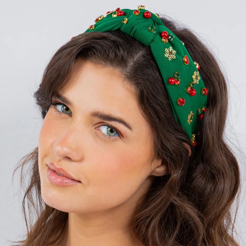Top Knot Holiday Headband With Gold Tone Snowflakes and Rhinestone Accents