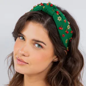 Top Knot Holiday Headband With Gold Tone Snowflakes and Rhinestone Accents