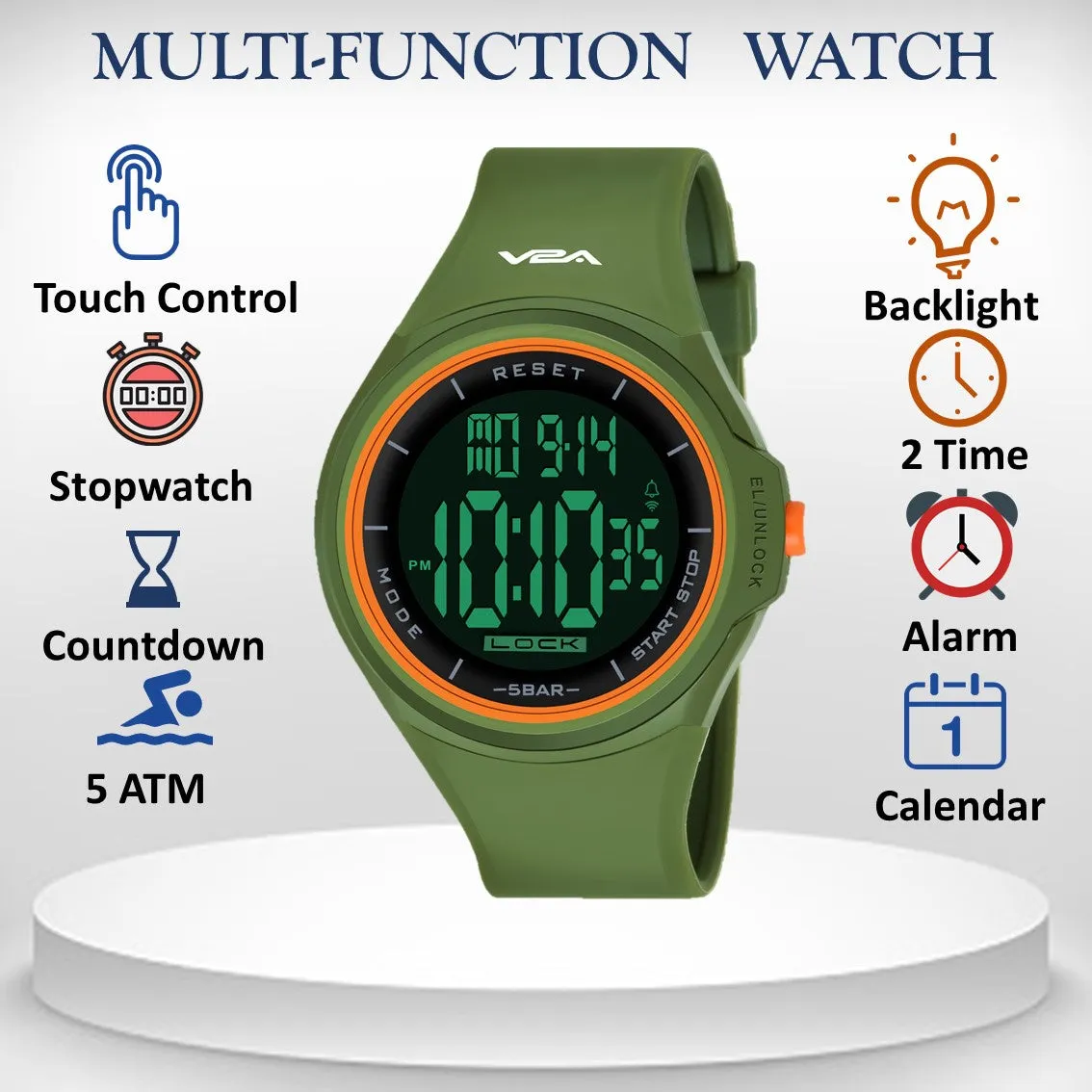 V2A Touch Controls Digital 5ATM Waterproof Unisex Sports Watch (Black Dial and Green Strap)