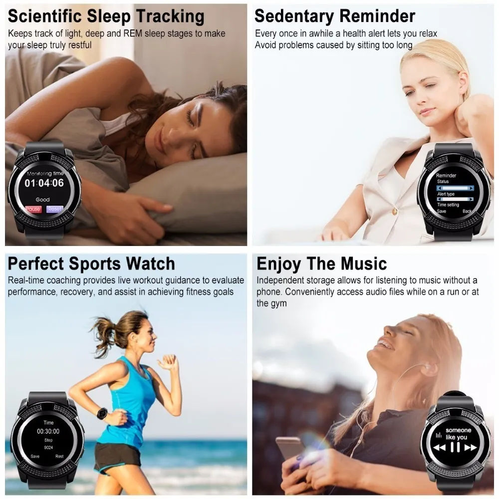 V8 Round Women Smart Watch With Sim Card Sport Pedometer Android Digital Touch Watch Provide Spare Battery French Spain Watch