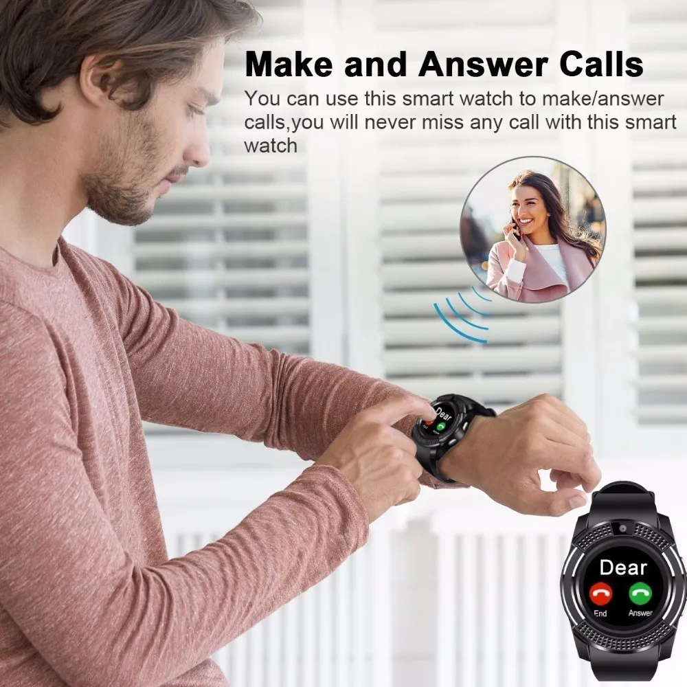 V8 Round Women Smart Watch With Sim Card Sport Pedometer Android Digital Touch Watch Provide Spare Battery French Spain Watch