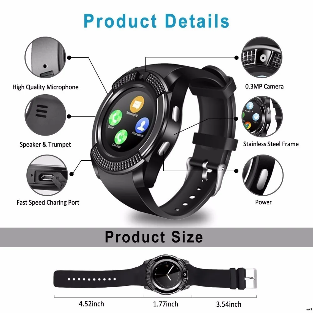V8 Round Women Smart Watch With Sim Card Sport Pedometer Android Digital Touch Watch Provide Spare Battery French Spain Watch