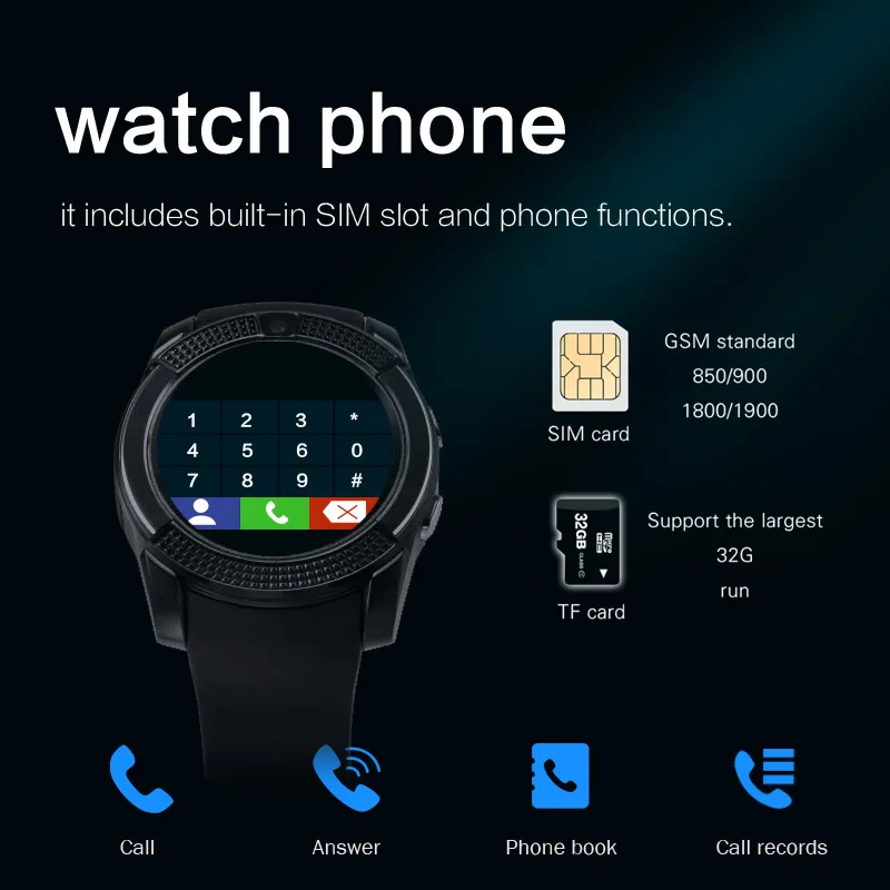 V8 Round Women Smart Watch With Sim Card Sport Pedometer Android Digital Touch Watch Provide Spare Battery French Spain Watch