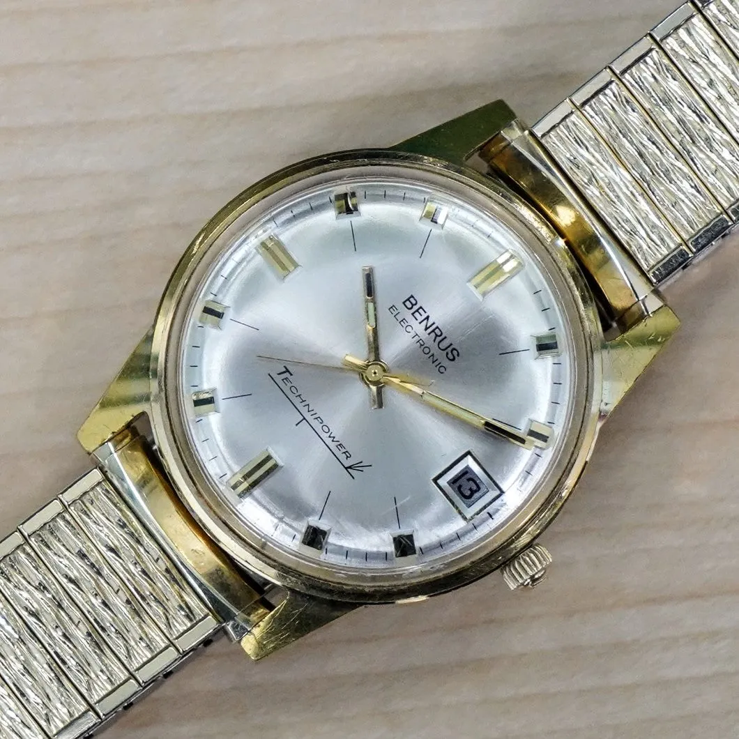 Vintage BENRUS Electronic Technipower Watch Date Indicator Swiss Made Wristwatch