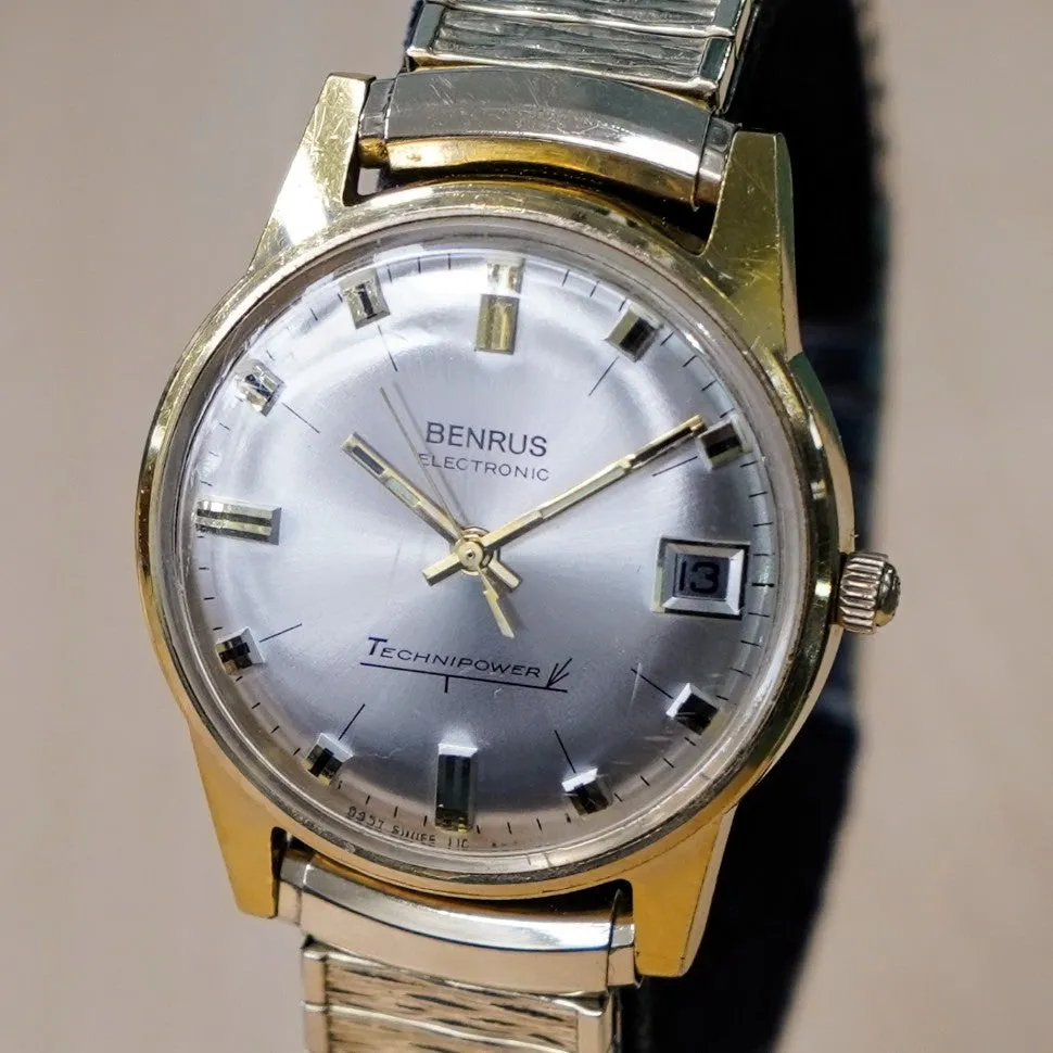 Vintage BENRUS Electronic Technipower Watch Date Indicator Swiss Made Wristwatch
