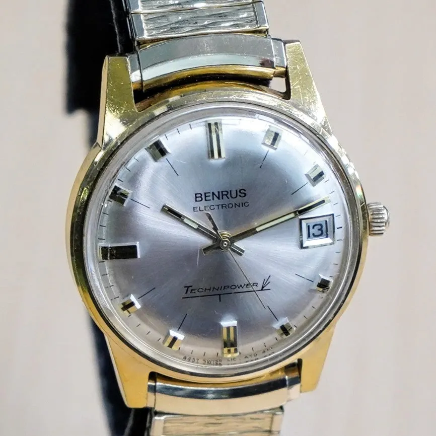 Vintage BENRUS Electronic Technipower Watch Date Indicator Swiss Made Wristwatch