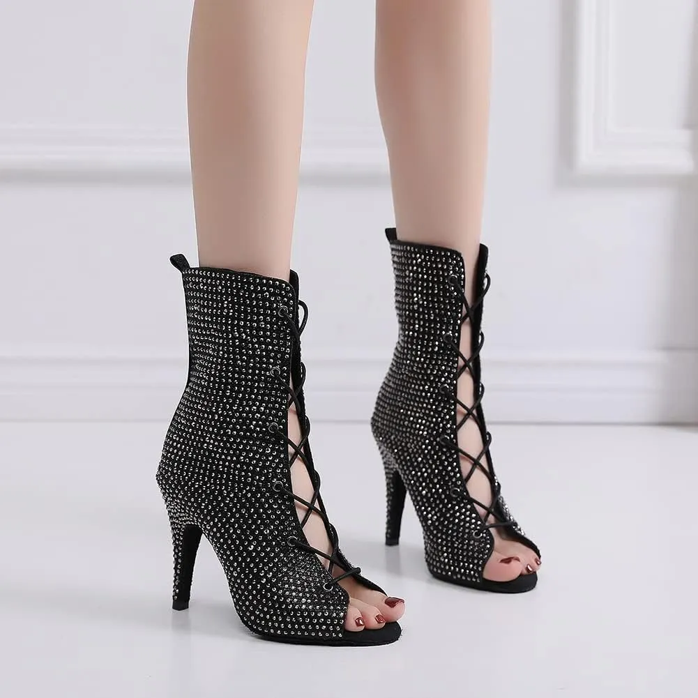 Women Lace up Latin Ballroom Ankle Dance Shoes Open Toe Rhinestone Dancing Salsa Boots,Model L448