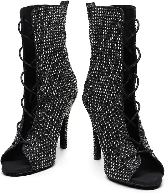 Women Lace up Latin Ballroom Ankle Dance Shoes Open Toe Rhinestone Dancing Salsa Boots,Model L448