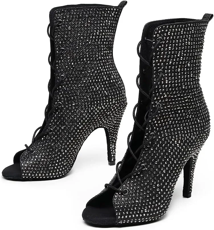 Women Lace up Latin Ballroom Ankle Dance Shoes Open Toe Rhinestone Dancing Salsa Boots,Model L448
