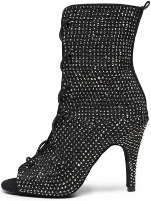 Women Lace up Latin Ballroom Ankle Dance Shoes Open Toe Rhinestone Dancing Salsa Boots,Model L448