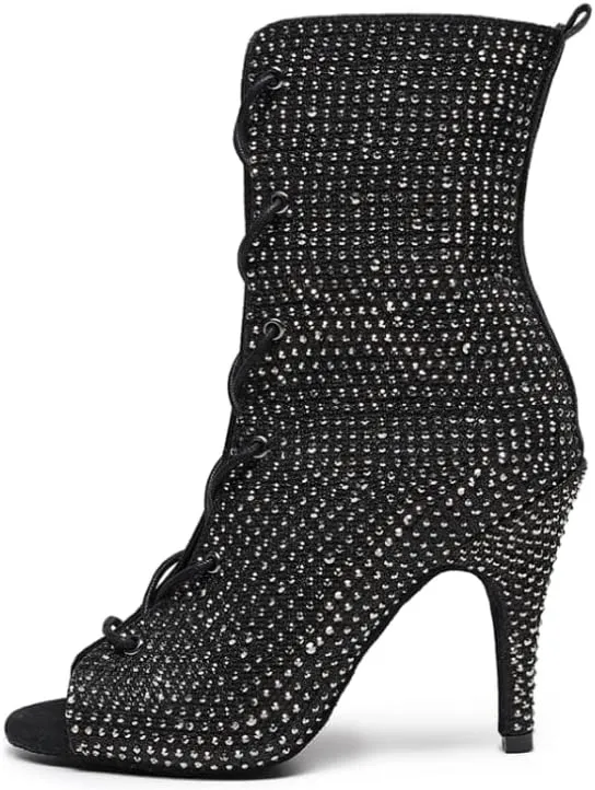 Women Lace up Latin Ballroom Ankle Dance Shoes Open Toe Rhinestone Dancing Salsa Boots,Model L448