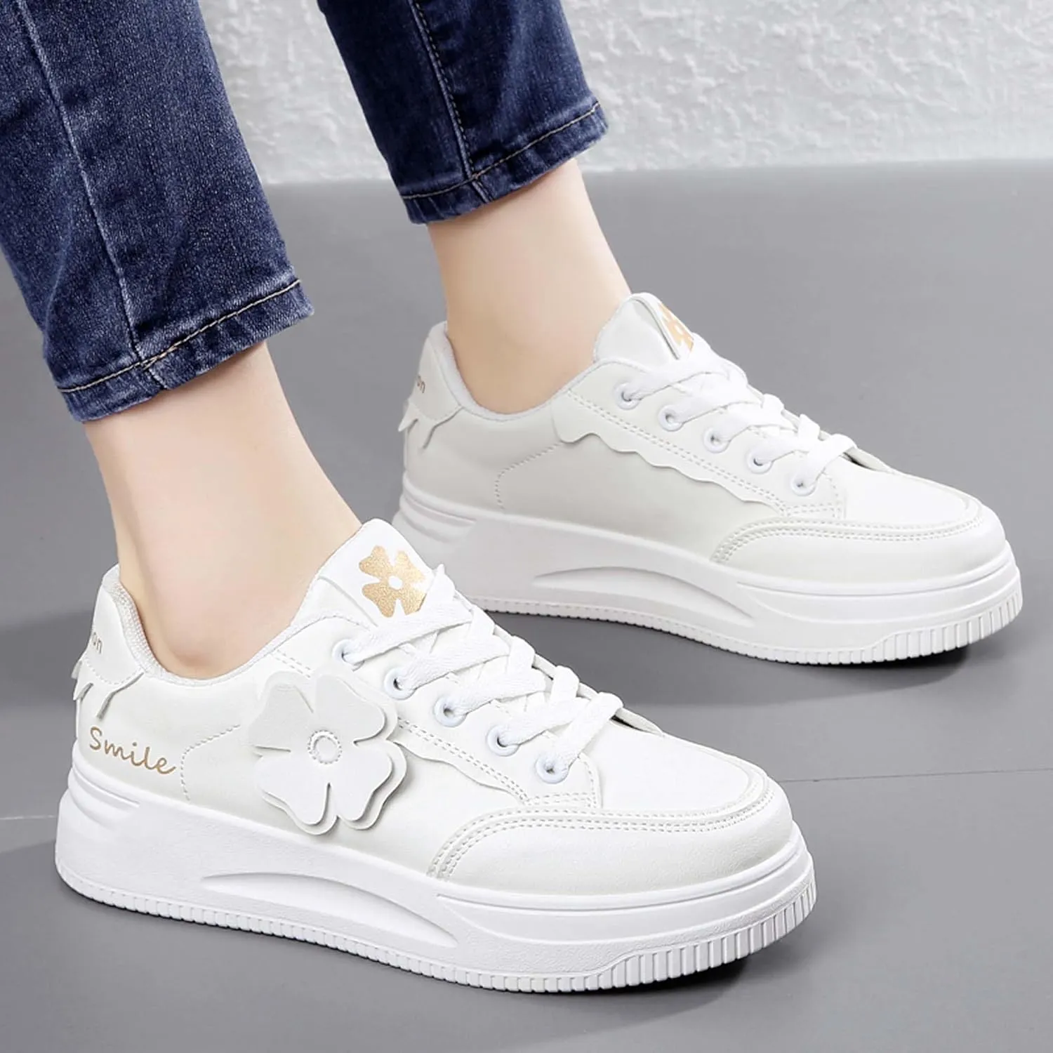 Women's Fashion Flower Flat Sports Skateboarding Shoes Anti Slip Shock Absorbing Tennis Shoes Ultra Light Breathable Casual Walking Shoes