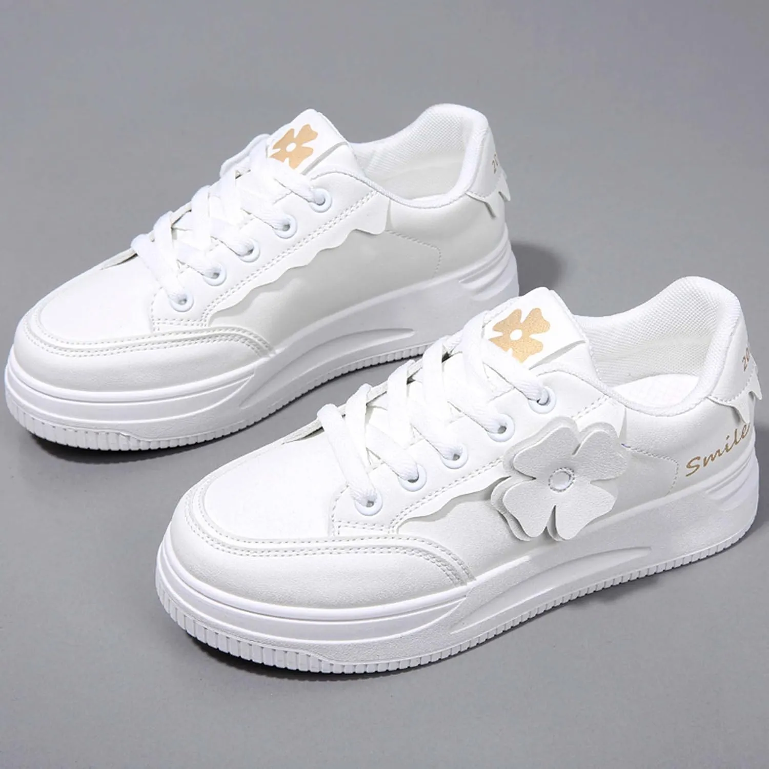 Women's Fashion Flower Flat Sports Skateboarding Shoes Anti Slip Shock Absorbing Tennis Shoes Ultra Light Breathable Casual Walking Shoes