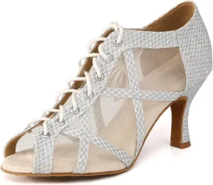 Women's Latin Salsa Dance Shoes Lace-up Ankle Boots Open-Toe Wedding Party Practice Ballroom Dancing Heels, Model QRX-X526