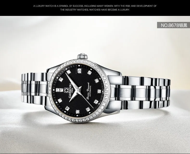 Women's Luxury Rhinestone Automatic Mechanical Date Steel Band Watch