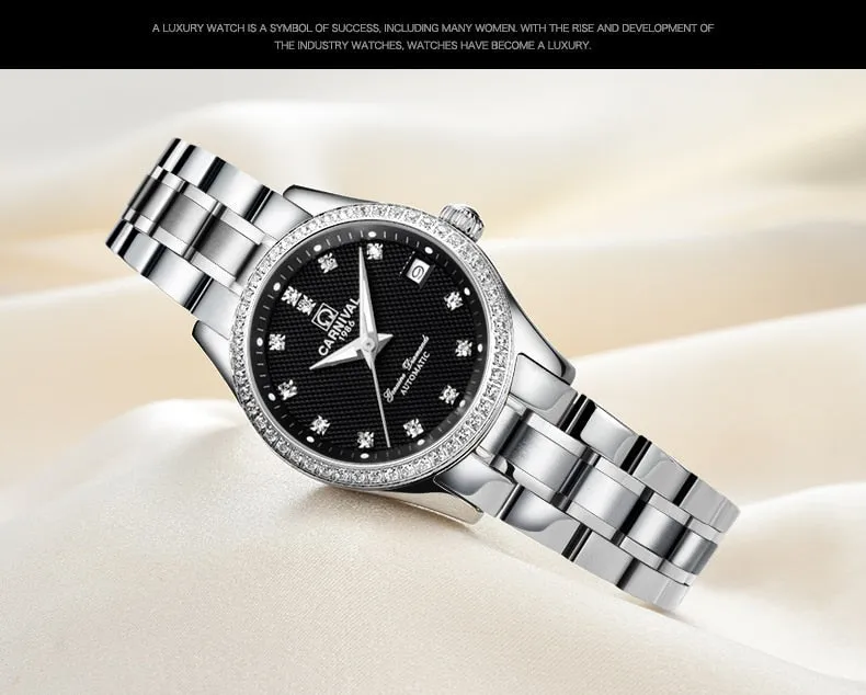 Women's Luxury Rhinestone Automatic Mechanical Date Steel Band Watch