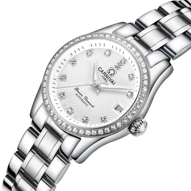 Women's Luxury Rhinestone Automatic Mechanical Date Steel Band Watch