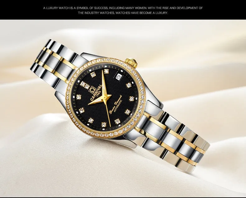 Women's Luxury Rhinestone Automatic Mechanical Date Steel Band Watch