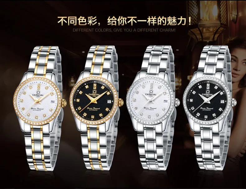 Women's Luxury Rhinestone Automatic Mechanical Date Steel Band Watch