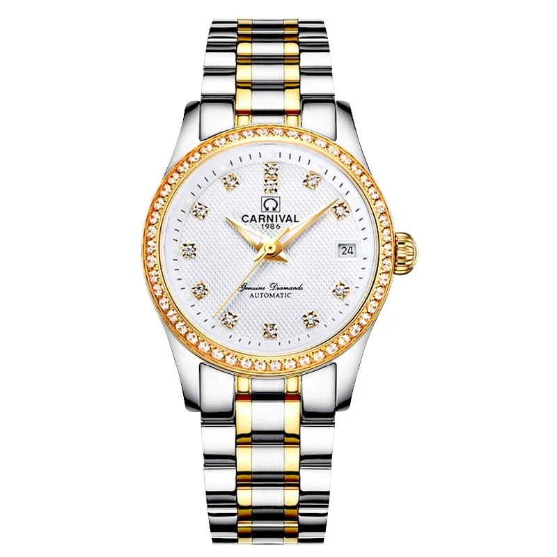 Women's Luxury Rhinestone Automatic Mechanical Date Steel Band Watch