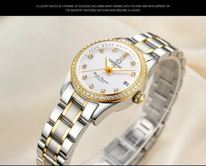 Women's Luxury Rhinestone Automatic Mechanical Date Steel Band Watch