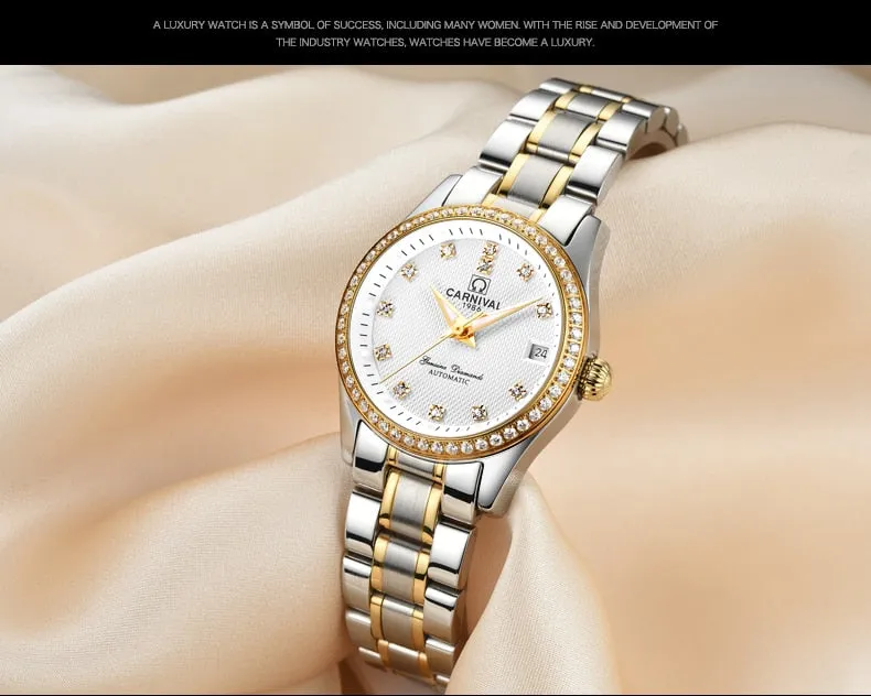 Women's Luxury Rhinestone Automatic Mechanical Date Steel Band Watch