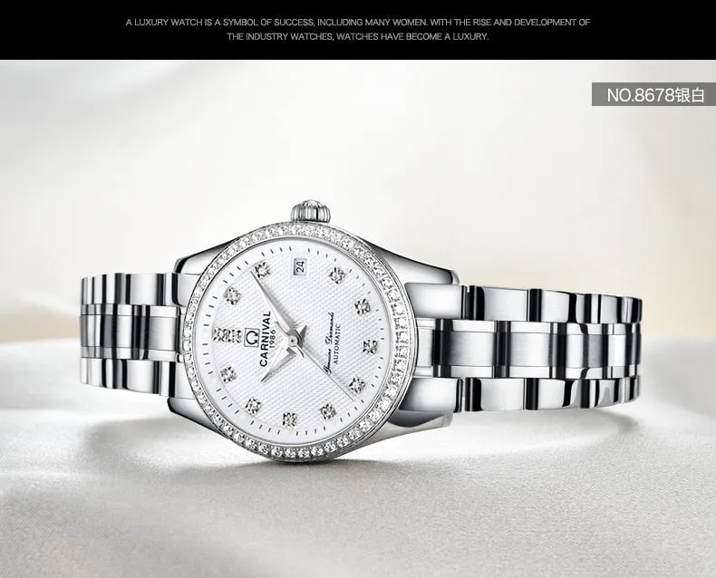 Women's Luxury Rhinestone Automatic Mechanical Date Steel Band Watch