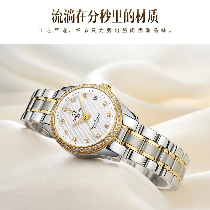 Women's Luxury Rhinestone Automatic Mechanical Date Steel Band Watch