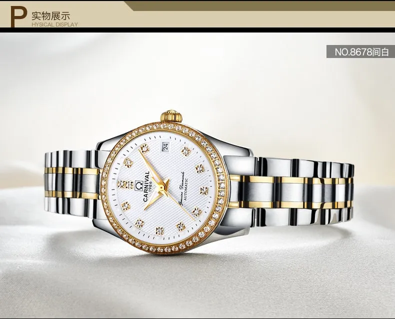 Women's Luxury Rhinestone Automatic Mechanical Date Steel Band Watch