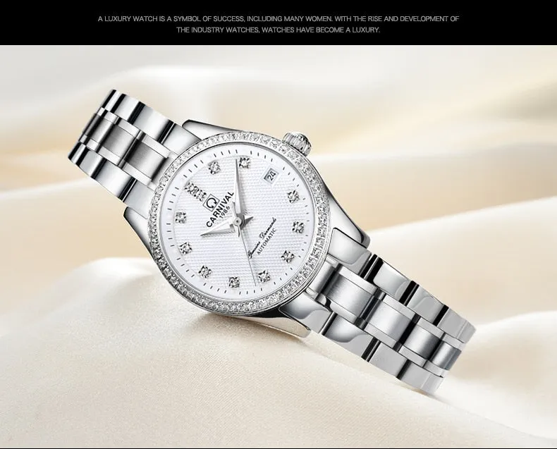 Women's Luxury Rhinestone Automatic Mechanical Date Steel Band Watch