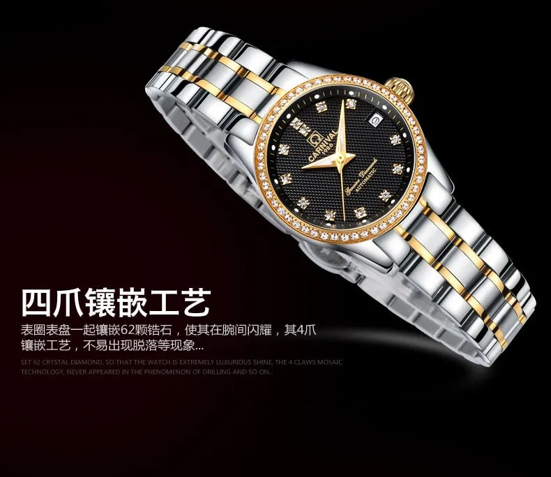 Women's Luxury Rhinestone Automatic Mechanical Date Steel Band Watch
