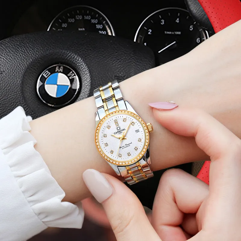 Women's Luxury Rhinestone Automatic Mechanical Date Steel Band Watch