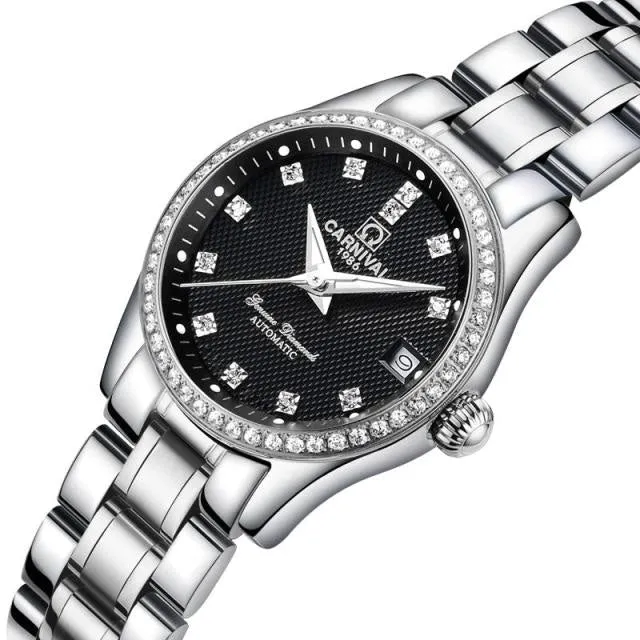 Women's Luxury Rhinestone Automatic Mechanical Date Steel Band Watch