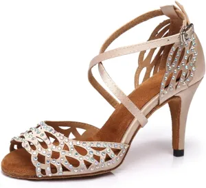 Women's Sparkle Rhinestones Peep Toe Satin Ballroom Modern Tango Party Wedding Practice Performence Dance Shoes Nude US 10