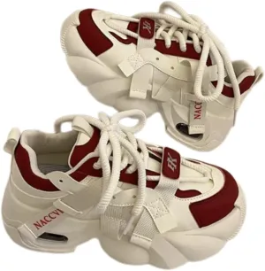 Women's Y2K 2 Inches Chunky Platform Dad Shoes - Retro Streetwear Fashion Sneakers with Pull Tabs, Comfortable Thick Sole Casual Shoes (Beige/Black, Beige/Red, Beige)
