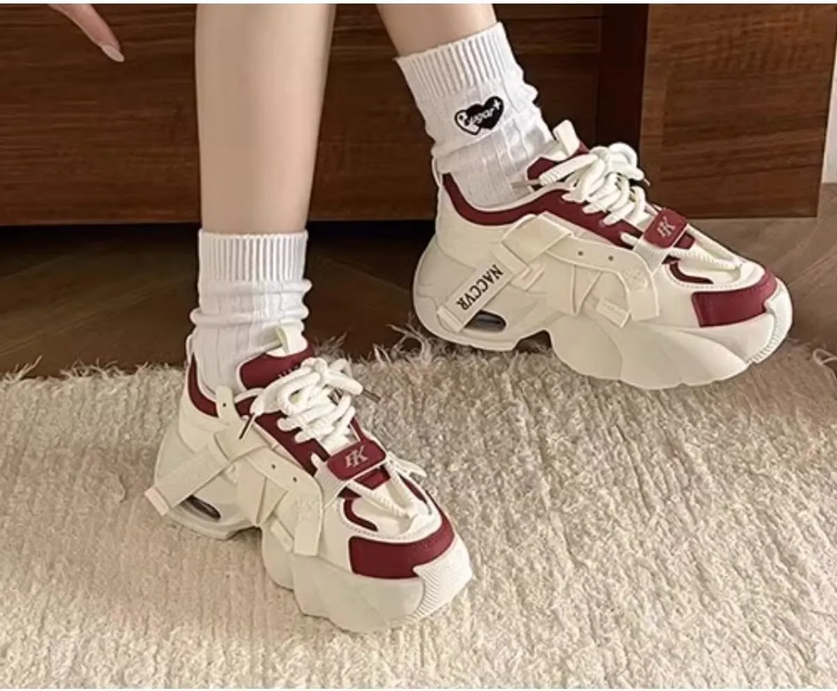 Women's Y2K 2 Inches Chunky Platform Dad Shoes - Retro Streetwear Fashion Sneakers with Pull Tabs, Comfortable Thick Sole Casual Shoes (Beige/Black, Beige/Red, Beige)