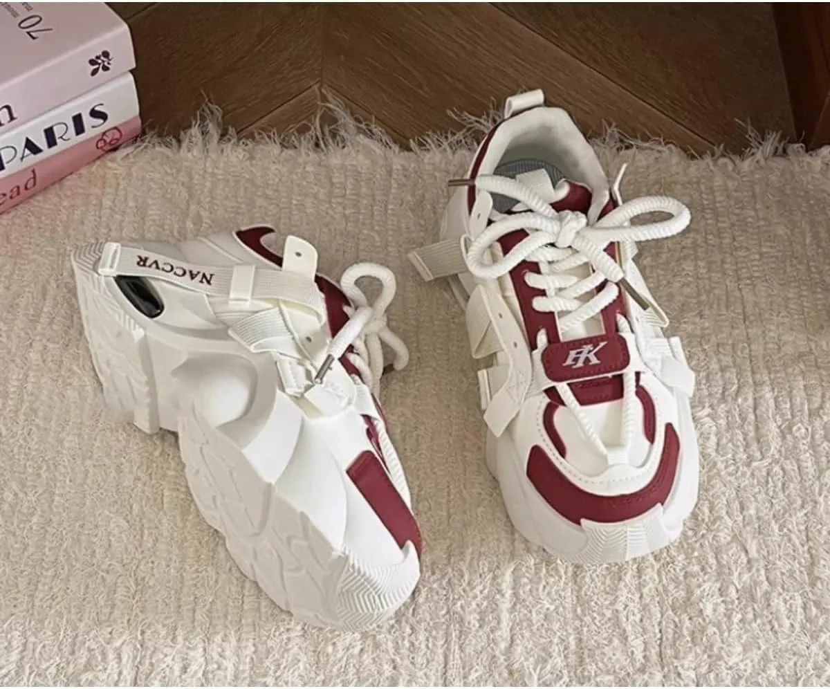 Women's Y2K 2 Inches Chunky Platform Dad Shoes - Retro Streetwear Fashion Sneakers with Pull Tabs, Comfortable Thick Sole Casual Shoes (Beige/Black, Beige/Red, Beige)