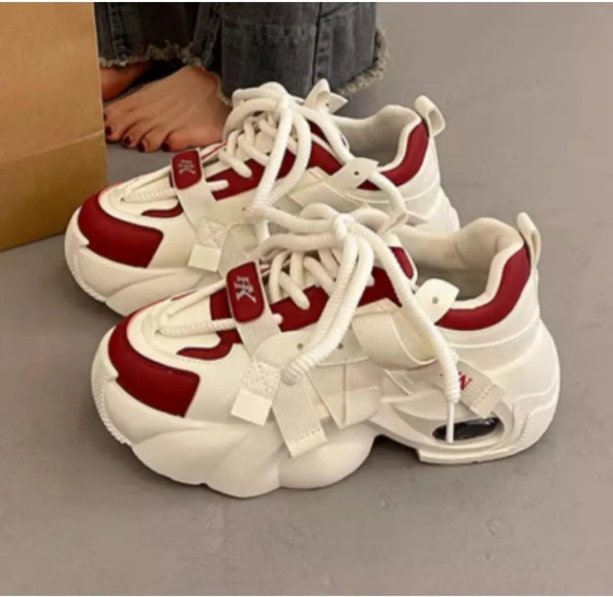 Women's Y2K 2 Inches Chunky Platform Dad Shoes - Retro Streetwear Fashion Sneakers with Pull Tabs, Comfortable Thick Sole Casual Shoes (Beige/Black, Beige/Red, Beige)