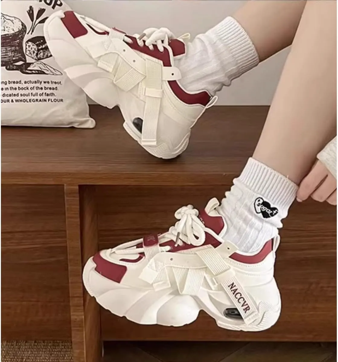 Women's Y2K 2 Inches Chunky Platform Dad Shoes - Retro Streetwear Fashion Sneakers with Pull Tabs, Comfortable Thick Sole Casual Shoes (Beige/Black, Beige/Red, Beige)