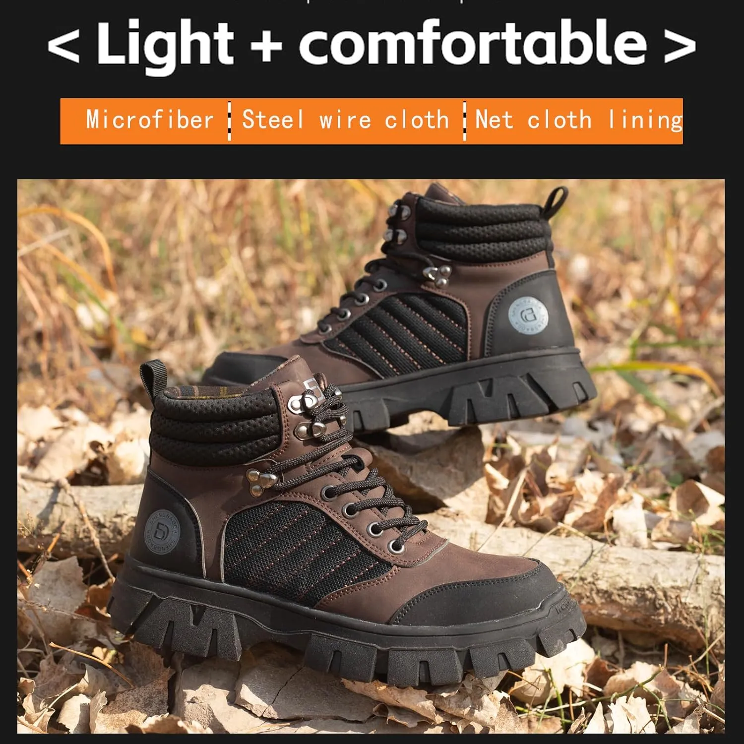 Work Safety Boots for Men Waterproof Lightweight Leather Mid Cut Arch Support Steel Toe Construction Sneakers