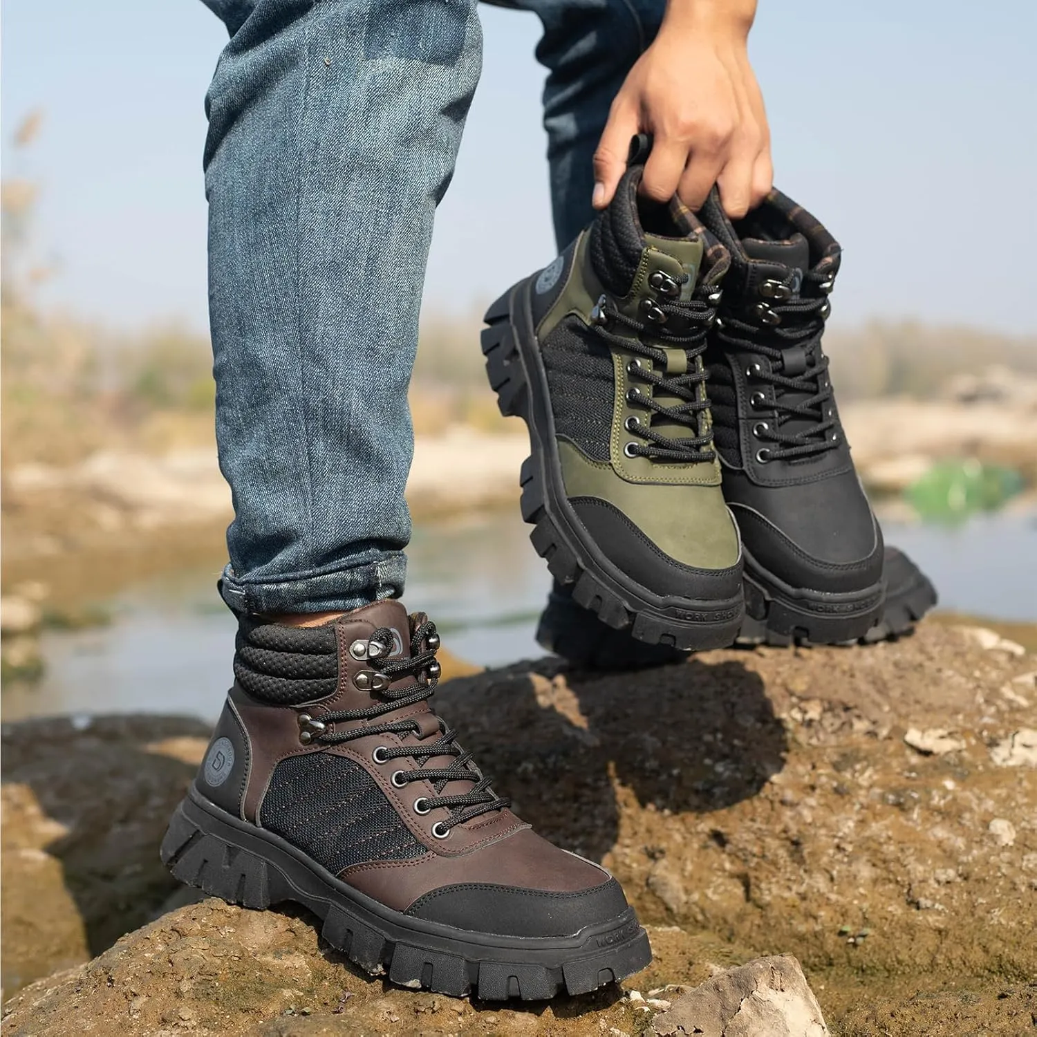 Work Safety Boots for Men Waterproof Lightweight Leather Mid Cut Arch Support Steel Toe Construction Sneakers