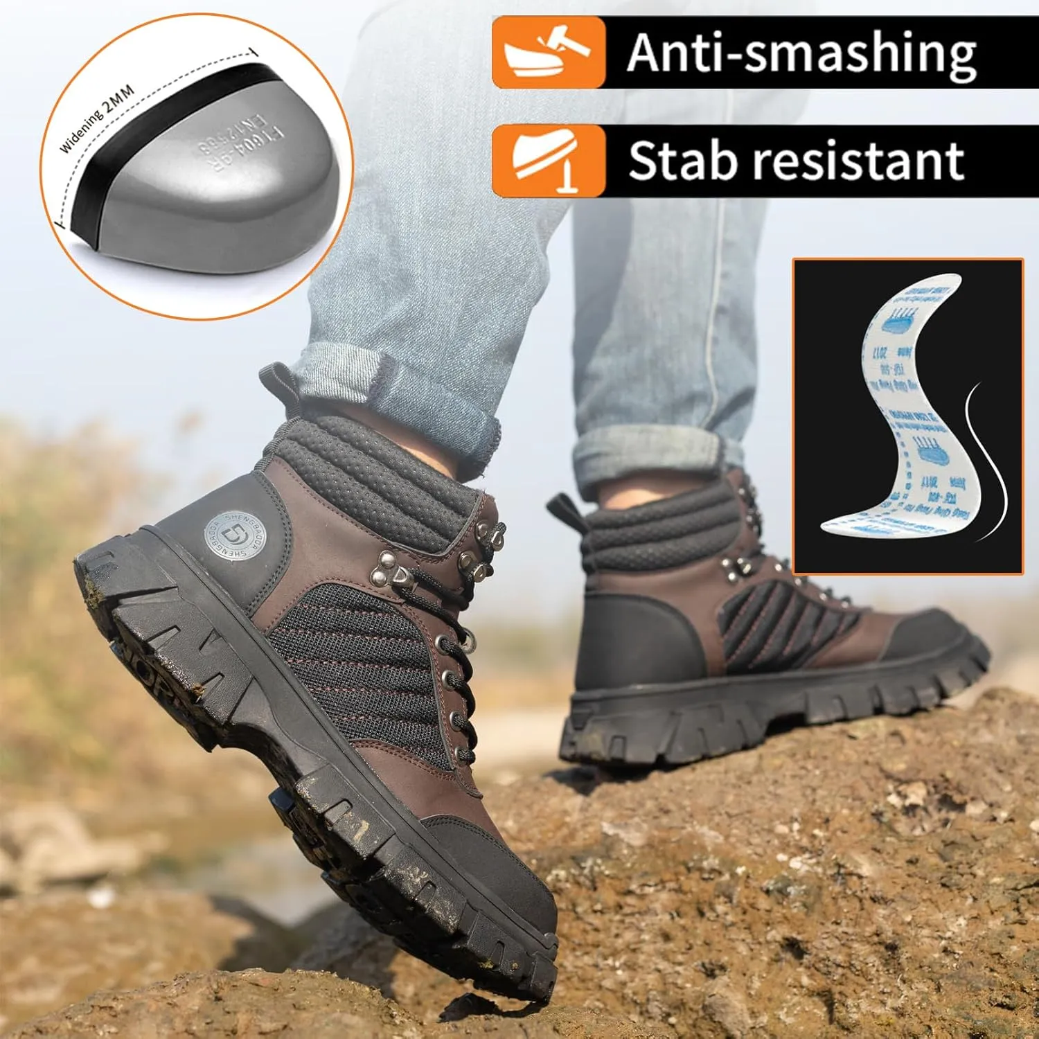 Work Safety Boots for Men Waterproof Lightweight Leather Mid Cut Arch Support Steel Toe Construction Sneakers