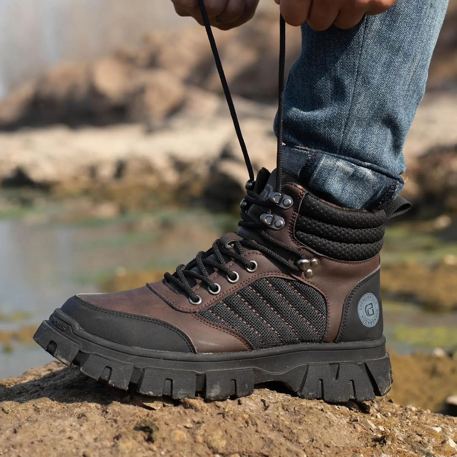 Work Safety Boots for Men Waterproof Lightweight Leather Mid Cut Arch Support Steel Toe Construction Sneakers